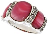 Sterling Silver Oxidized Ring, w/ 12 x 9 mm & Two 9 x 5 mm Oval-shaped Pink Mother of Pearls, & Tiny CZ's, 1/2