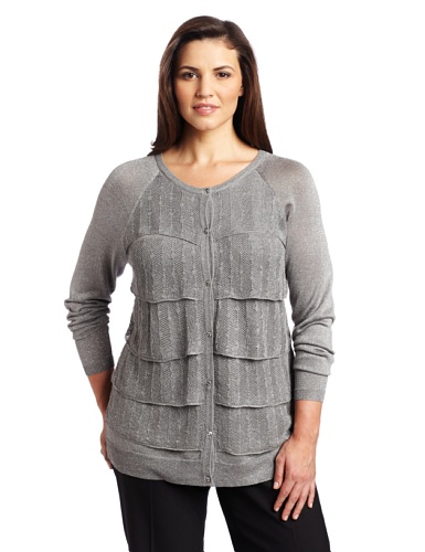 Ak Anne Klein Women's Plus Size Longsleeve Crew Neck Ruffle Front Cardigan, Silver, 2x Ak Anne Klein Women's Plus Size Longsleeve Crew Neck Ruffle Front Cardigan, Silver, 2x