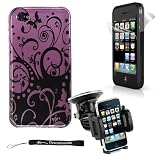 Premium Hard Design Crystal Case Snap On Cover for Apple iPhone 4 , 4th Generation, 4th Gen Compatible with 16GB / 32GB - PURPLE WITH BLACK SWIRLS HD PRINT + 4-inch eBigValue (TM) Determination Hand Strap Key Chain + Includes a Rotadable GPS / Cell Phone Car Windshield Mount compatible for your iPhone 4