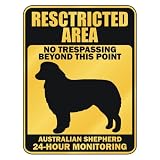 Australian Shepherd Restricted Area Dogs Plastic Sign (Black and Yellow, 11.50" x 8.75")