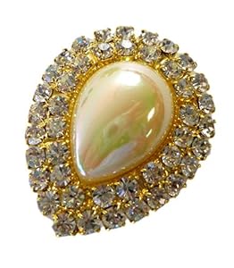 Gold Tear Drop Pearl Clip On Pin With Cubic Zirconia Gemstones - Clamp-On Fas...