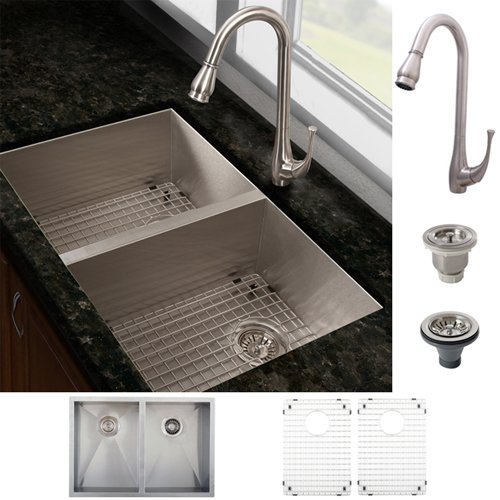 Ticor Stainless Steel Double Bowl Kitchen Sink and Brushed Nickel Pull-Out Kitchen Faucet Combo
