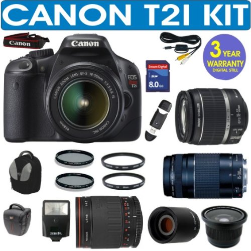 REFURBISHED CANON REBEL T2I + CANON 18-55mm IS LENS + CANON 75-300mm ZOOM LENS + VIVITAR 500mm MIRROR LENS + 2X TELECONVERTER LENS + .40X SUPER WIDE ANGLE FISHEYE LENS + 8GB HIGH SPEED MEMORY CARD CLASS 10 + 3 YEAR CELLTIME WARRANTY