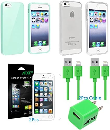 ATXE 2pcs TPU Rubber Skin Case Compatible for Apple iPhone 5 5S + Wall charger+2 data cable+2 Screen Protect for iPhone 5 / 5S