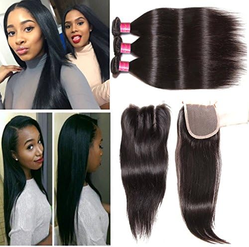 ALI JULIA Brazilian Virgin Straight Hair Weave 3 Bundles with with 1pc 4*4 Lace Closure Three Part 100% Real Human Hair Extensions Natural Color (12 14 16+12 inch three part closure)