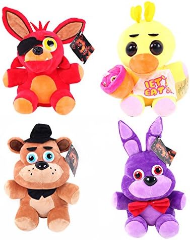 4 PCS Five Nights at Freddy's 10" Plush Animals Dolls with Sucker, Freddy，Bonnie，Chica，Foxy