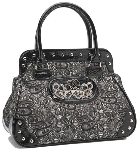 Rock Rebel Brocade Lace Black and Shimmery White Vintage Style Vegan Handbag Purse