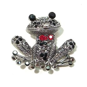 Smokey Black Austrian Rhinestone Red Bow Tie Frog Antique Silver Plated Brooch Pin Pendant