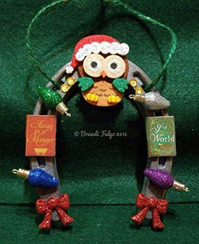 HANDMADE Authentic Real Horse Shoe Christmas Tree Ornament - Western - Holiday Book Owl, Glittered Bulbs, Christmas Story Books, Bows -- VERY UNIQUE