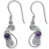 Sterling Silver Amethyst Cabochon Round Dangle Earrings by Sajen