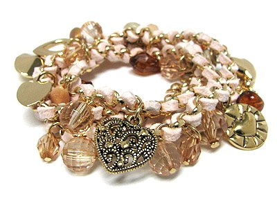 Glamorous Pink Gold Multi Heart Beaded Wrap Bracelet Necklace