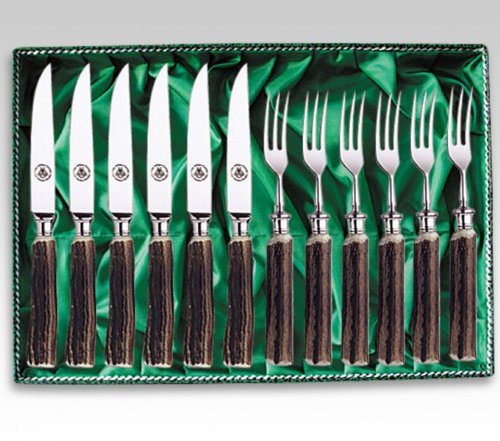 Linder Solingen Rehwappen Besteck Serie 4 - Steakbesteck 12-teilig - 6 Messer und 6 Gabeln Hirschhorn