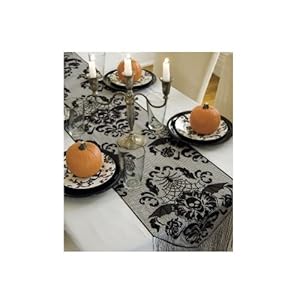 Heritage Lace Halloween Damask 15-Inch by 68-Inch Runner, Black