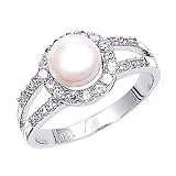 Rhodium Plated Sterling Silver Wedding & Engagement Ring Clear CZ, Pearl Pearl Ring MM ( Size 5 to 9)