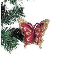Barcana 3-Inch Shatterproof Satin Burgundy Center Butterfly with Holographic Gold Glitter Clip, Christmas Ornaments, Set of 4