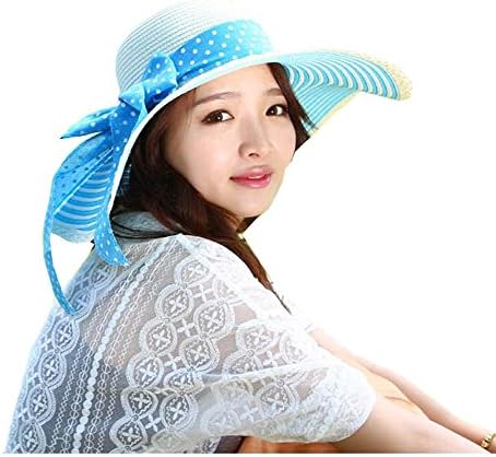 Women Large Wide Brim Floppy Beach Sun Visor Shade Straw Hat Cap Sky Blue