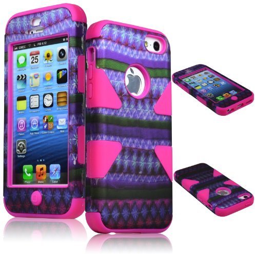 BasTexWireless Bastex Heavy Duty Hybrid Case for Apple Iphone 5c - Hot Pink Silicone / Purple & Green Diamond Chevron Tribal Aztec Hard Shell