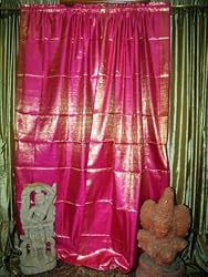 2 Magenta Gold Brocade Silk Sari Saree Curtains Drapes Panel Window Treatment Rod Pocket 96"