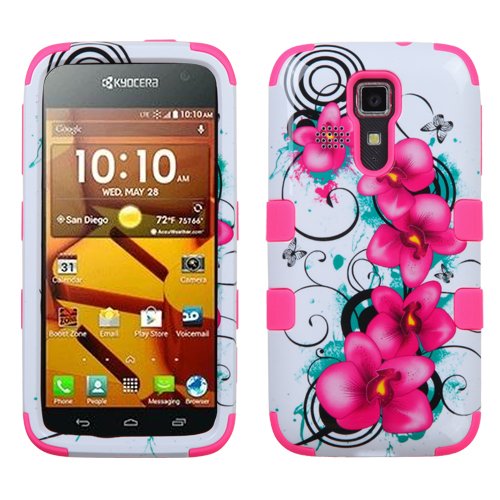 Kyocera Hydro Icon Case, Kyocera Hydro Life Case, Rock Me Wireless (TM) 2 items Bundle - 24K Gold Plating Electromagnetic Waves Blocking Sticker and Triple Layers Protective Case for KYOCERA Hydro Life (C6530), KYOCERA Hydro Icon (C6730). (Morning Petunias)