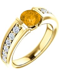 14K Yellow Gold 6.00mm Round Cut Citrine and Diamond Ring -- LIFETIME WARRANTY