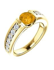 18K Yellow Gold 6.00mm Round Cut Citrine and Diamond Ring -- LIFETIME WARRANTY