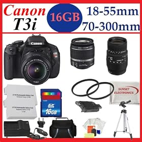 Canon EOS Rebel T3i 18 MP CMOS Digital SLR Camera and DIGIC 4 Imaging with EF-S 18-55mm f/3.5-5.6 IS Lens + Sigma 70-300mm f/4-5.6 DG Macro Telephoto Zoom Lens for Canon SLR Cameras+ Huge Accessories Package Including 16GB Sdhc Memory Card + 2 UV Filters & Much More!!