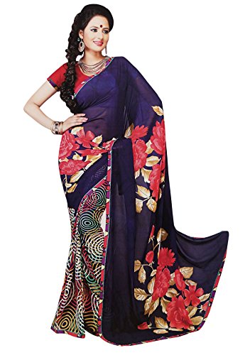 Blue Georgette Saree Floral Printed Sarees Ethnic Bollywood Sari With Blouse