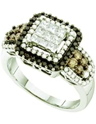 1.00 Carat (ctw) 14k White Gold Round & Princess Cut White, Brown & Black Diamond Ladies Cocktail Invisible Ring