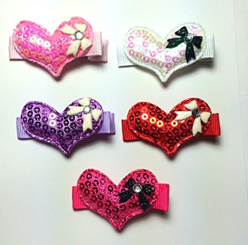 Best Seller Set of 5 Sequin Padded Heart Hair Clips with Bling Bow for Little Girls & Teens