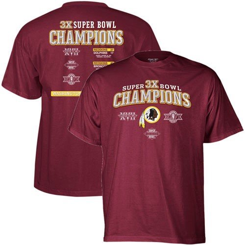 Reebok Washington Redskins Maroon Three-Time Superbowl Champions T-shirt