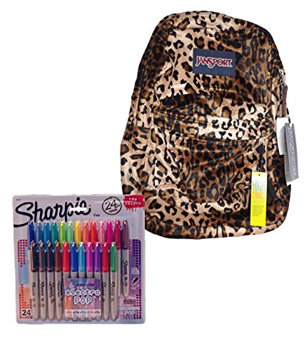 Jansport Cheetah Plush Backpack and Electro Pop Sharpies Bundle - 2 Item Bundle