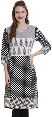 MEIRO High Quality Women's 3/4th Sleeve kurta tunic with mix and match fabric (16.01.302_BlackDot_, designed in New York City with love