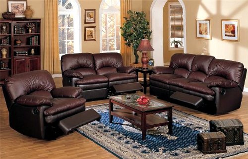 sofa set, 3pcs Dark Brown Top Grain Leather Recliner Loveseat Sofa Set
