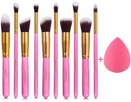 iLoveCos Makeup Brushes Set 10pcs and 1 Makeup Blender Sponge Premium Synthetic Kabuki Foundation Blending Blush Cosmetics Eyeliner Face Powder Lip Makeup Brush Kit(NO BAGS ANY MORE)