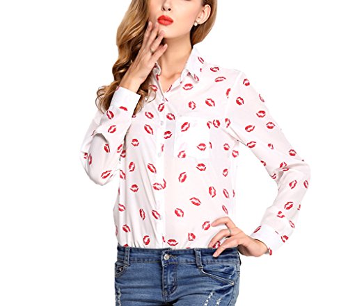 Promithi Womens Long Sleeve Lip Printing Lapel Chiffon Shirt Bottom Shirt