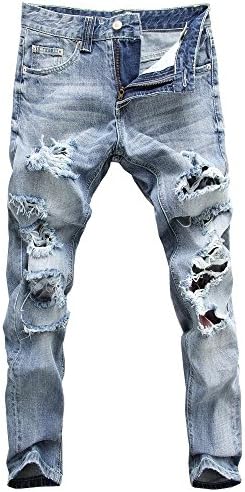 Jiaka Mens Jeans Torn Jeans Patched Holey Washed Words Straight Leg Fitted