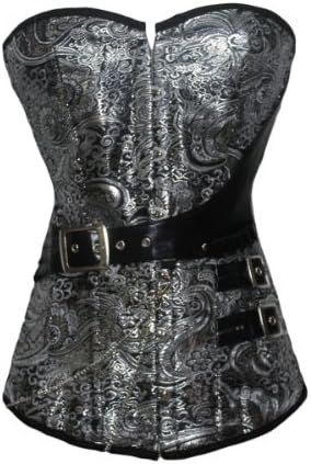 Juubuy Women's Brocade Waist Training Corset with Black Leather Belt Medium Size Silver