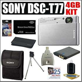 Sony Cybershot DSC-T77 10MP Digital Camera (Silver) + 4GB Deluxe Accessory Kit