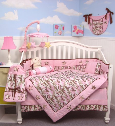 Khaki & Pink Camo Baby Crib Nursery Bedding Set 10 pcs ** Reversible Into 2 Designs ! **