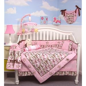 Khaki & Pink Camo Baby Crib Nursery Bedding Set 10 pcs ** Reversible Into 2 Designs ! **