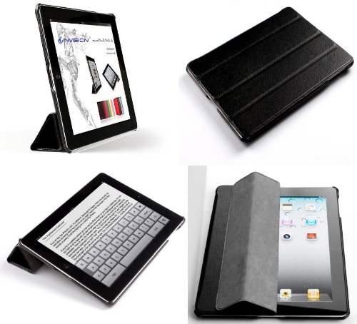 Invision® NEW ULTRA SLIM SMART CASE COVER for Apple iPad 2 - Full Grade BLACK PU Leather with GREY Satin inner cloth. SUPERIOR QUALITY - 4 SEGMENT FRONT COVER - UNIQUE DESIGN FEATURES - AUTO SLEEP/WAKE FUNCTION -