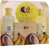 Tropical Fruit Duos Gift Set- 4 Piece Set, Shower Gel, Lotion, Soap and Puff, Coconut Banana