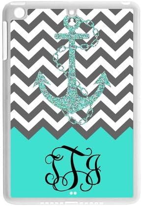 Turquoise Grey and White Chevron Pattern Vs Anchor Unique Custom Apple IPad Mini Best Durable Rubber+Plastic Cover Case Custom Color and Text,New Fashion, Best Gift