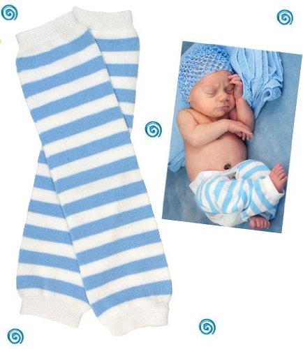 #14 Baby blue & white stripes baby boy or girl leg warmers by My Little Legs