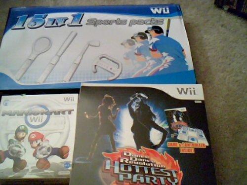 15 Piece Wii Sports Kit/Mario Kart Video game with Wheel/Dance Dance Revolution with Dance Pad for the Nintnedo Wii System (Wii System not included)