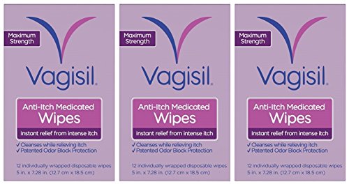 Vagisil Medicated Anti-Itch Wipes, Maximum Strength, 12 Wipes (Pack of 3) Total 36 Wipes