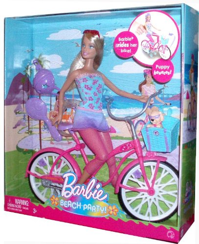 more about Barbie Beach Party 12 Inch Doll and Bicycle Playset (R8645) - BARBIE with Bicycle, Bike Helmet, Basket with Puppy, Sunglasses and Hairbrush