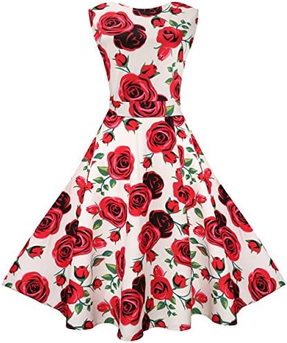 MaggieX Vintage 1950's Floral Sleeveless Cotton Vintage Garden Party Cocktail Dress (L, Q001-4)