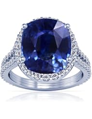 18K White Gold Cushion Cut Blue Sapphire Ring With Sidestones