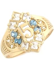10k Yellow Gold Sapphire Blue CZ Stylish Quinceanera 15 Anos Ring